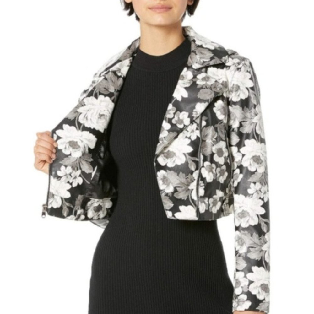 🔥SOLD🔥Sam Edelman Gray Black White Vegan Leather Floral Moto Jacket Size S NWT - Picture 1 of 9